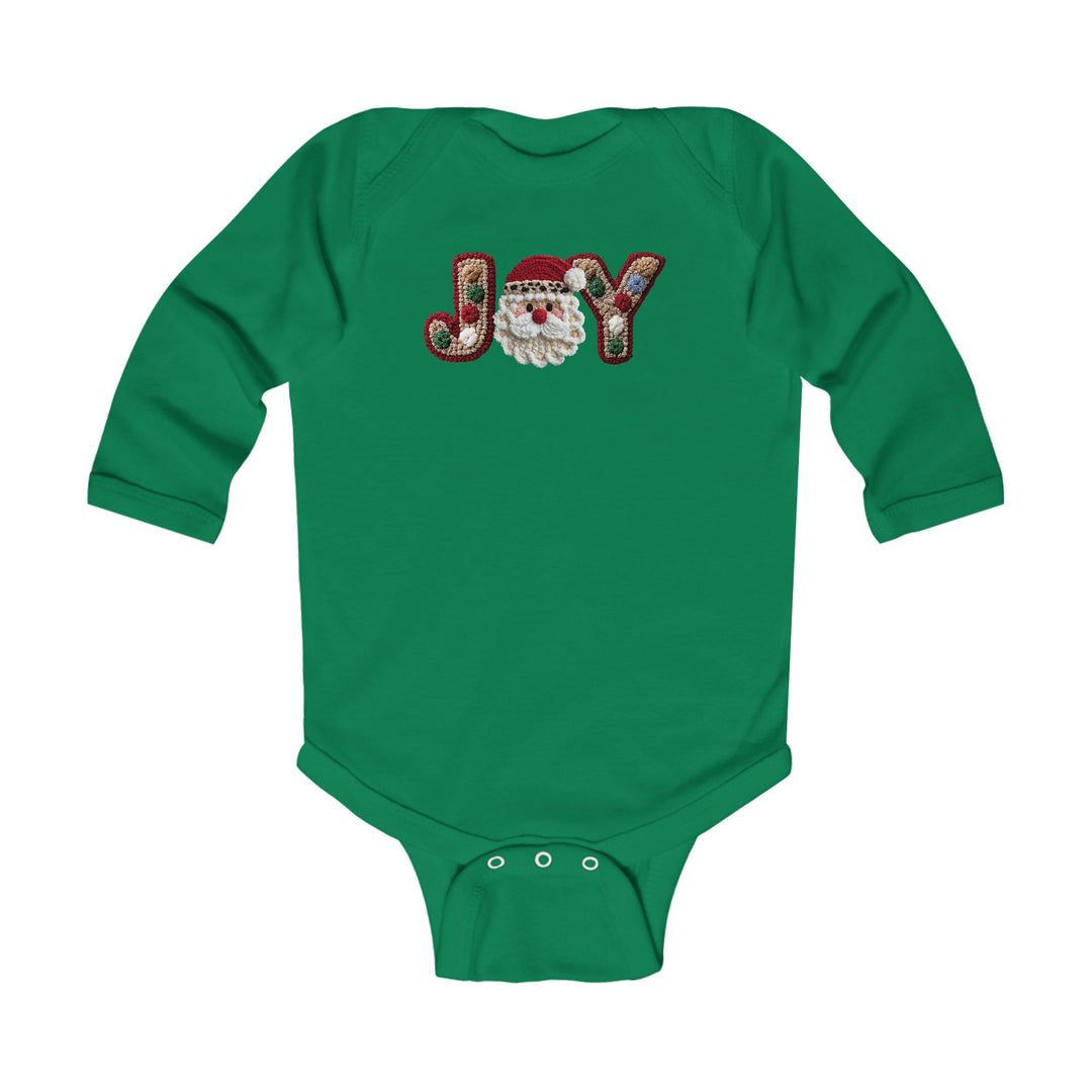 Infant “JOY” onesie with Santa motif, long sleeves, snap closures, soft cotton for comfort and durability, designed by Faith Family Designs.