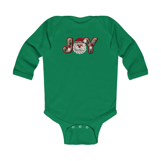 Infant “JOY” onesie with Santa motif, long sleeves, snap closures, soft cotton for comfort and durability, designed by Faith Family Designs.