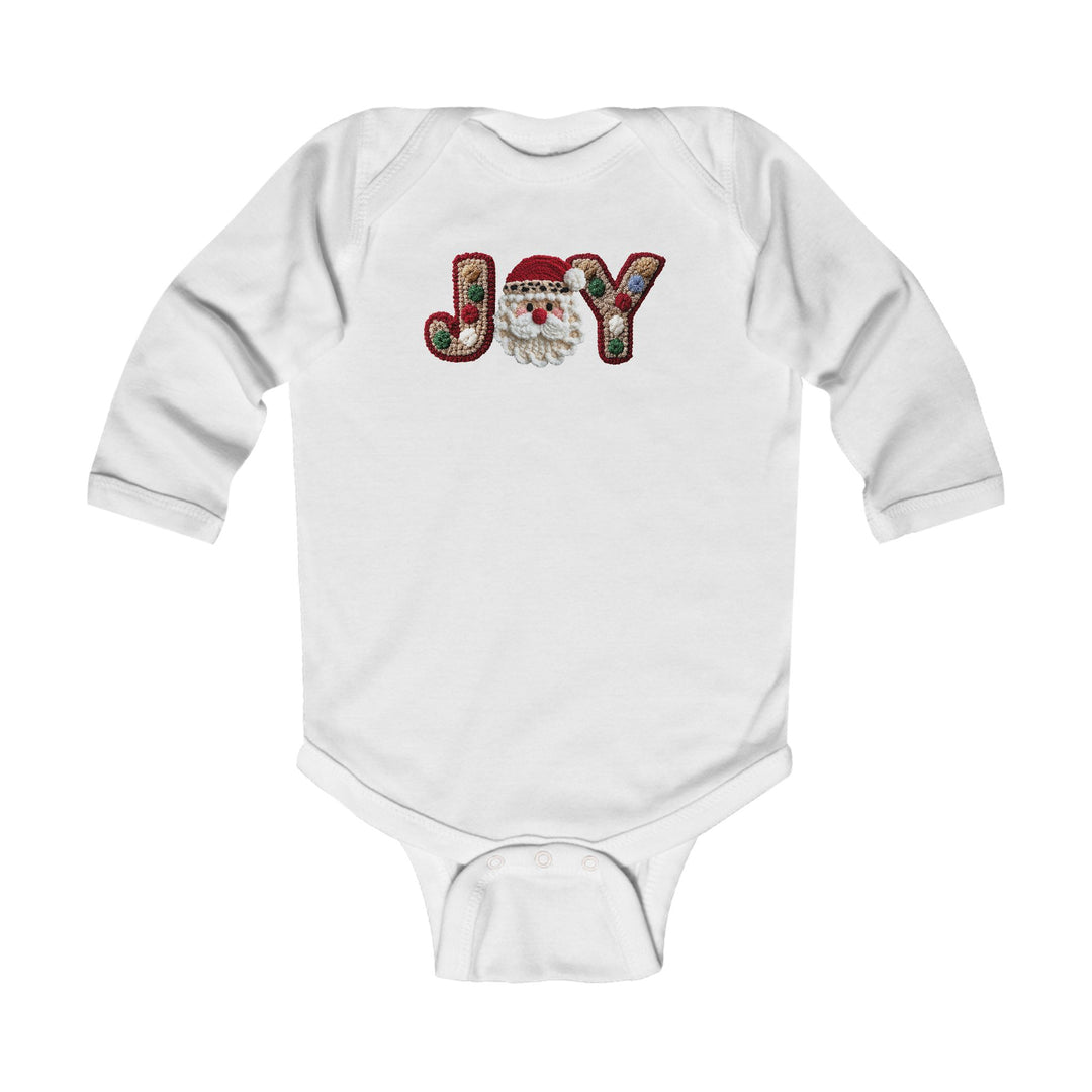 Infant long-sleeve Joy Onesie with festive JOY applique, featuring a Santa-face motif. Made from soft cotton with durable ribbed bindings and easy-change snaps.