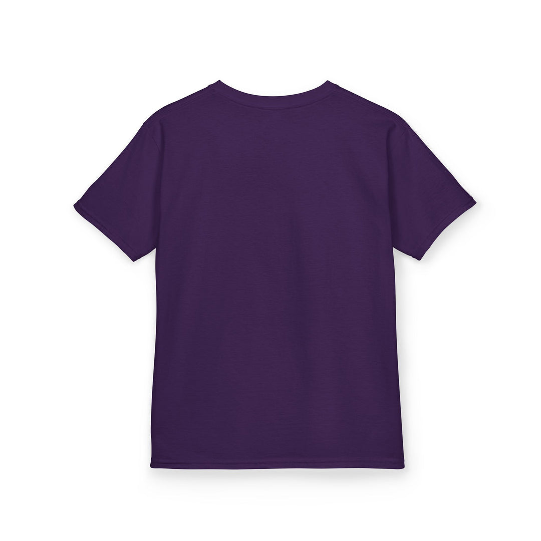 Back view of Glory to God Kids Tee in deep purple, showcasing short sleeves and ribbed neckline, ideal for everyday wear from Faith Family Designs.