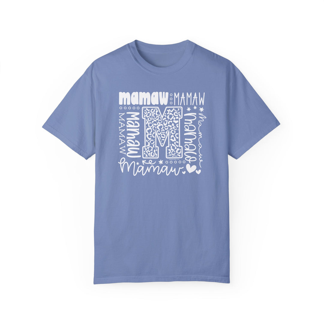 Comfort Colors 1717 customizable Mamaw Tee in blue and white, made of 100% ring-spun cotton. Features relaxed fit, double-needle stitching, and no side-seams for durability and comfort. Available in various sizes.
