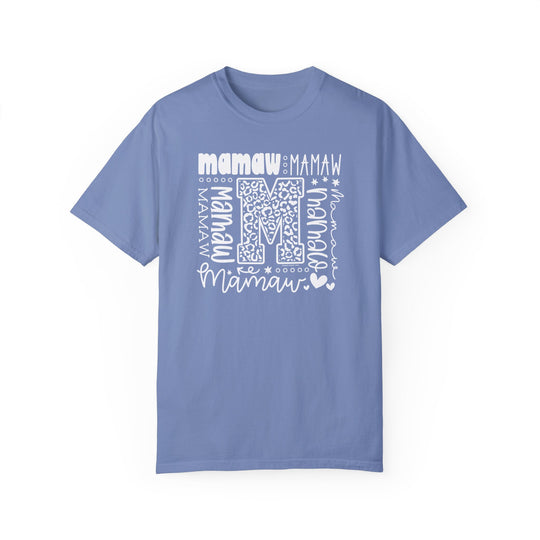 Comfort Colors 1717 customizable Mamaw Tee in blue and white, made of 100% ring-spun cotton. Features relaxed fit, double-needle stitching, and no side-seams for durability and comfort. Available in various sizes.