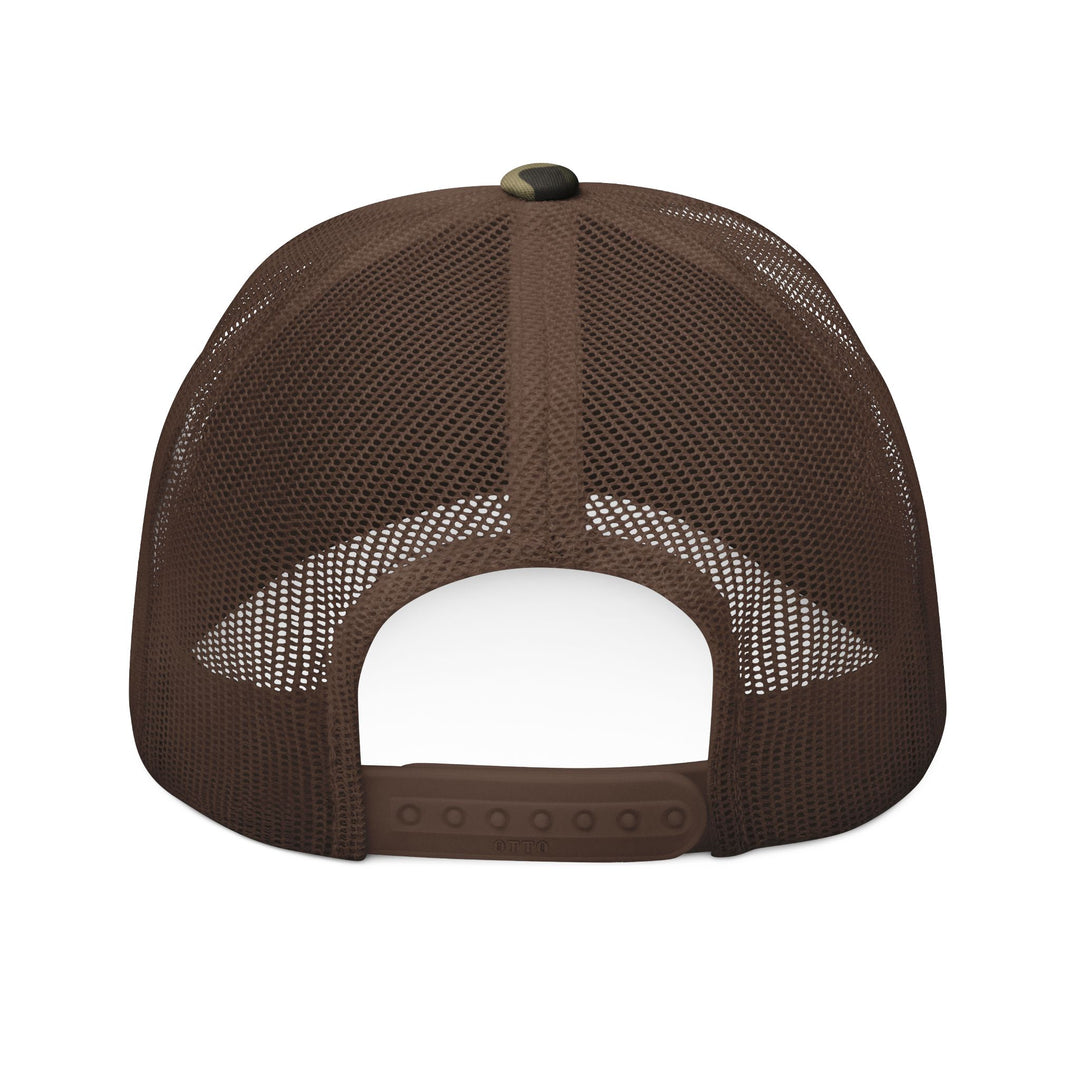 Back view of the Growing a Human Trucker Hat (Embroidery) showing adjustable plastic snap-closure on a brown mesh, low-profile 6-panel cap, ideal for nature enthusiasts.