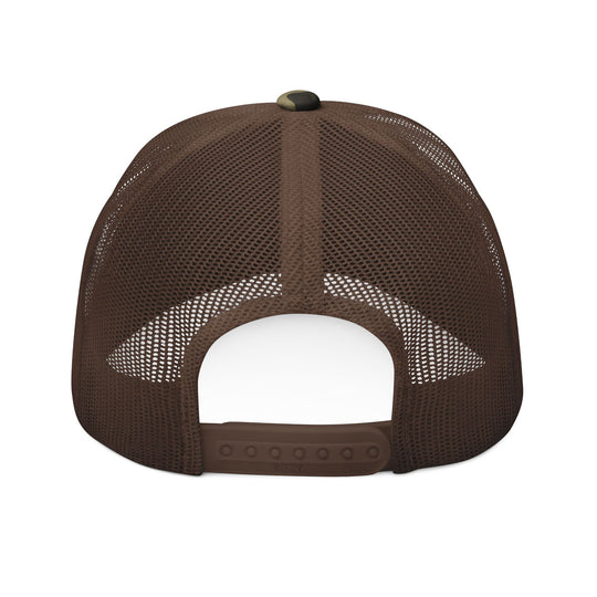 Back view of the Growing a Human Trucker Hat (Embroidery) showing adjustable plastic snap-closure on a brown mesh, low-profile 6-panel cap, ideal for nature enthusiasts.