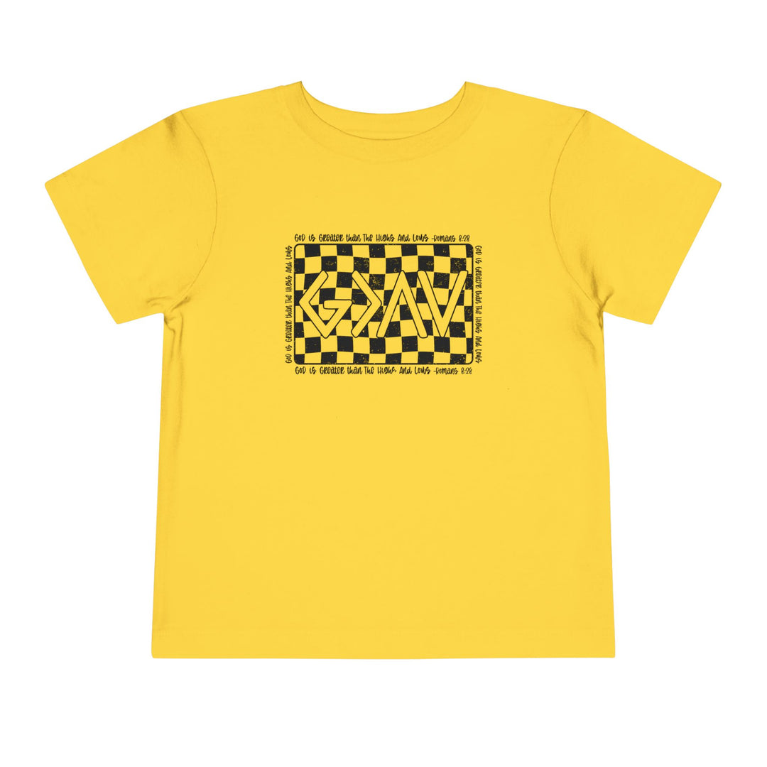 Gods Highs and Lows Toddler Tee featuring a yellow fabric with black and white checkered design, made from 100% Airlume cotton for comfort.