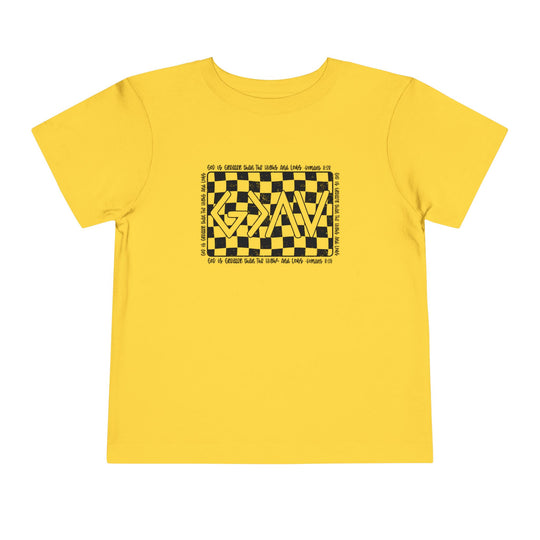 Gods Highs and Lows Toddler Tee featuring a yellow fabric with black and white checkered design, made from 100% Airlume cotton for comfort.