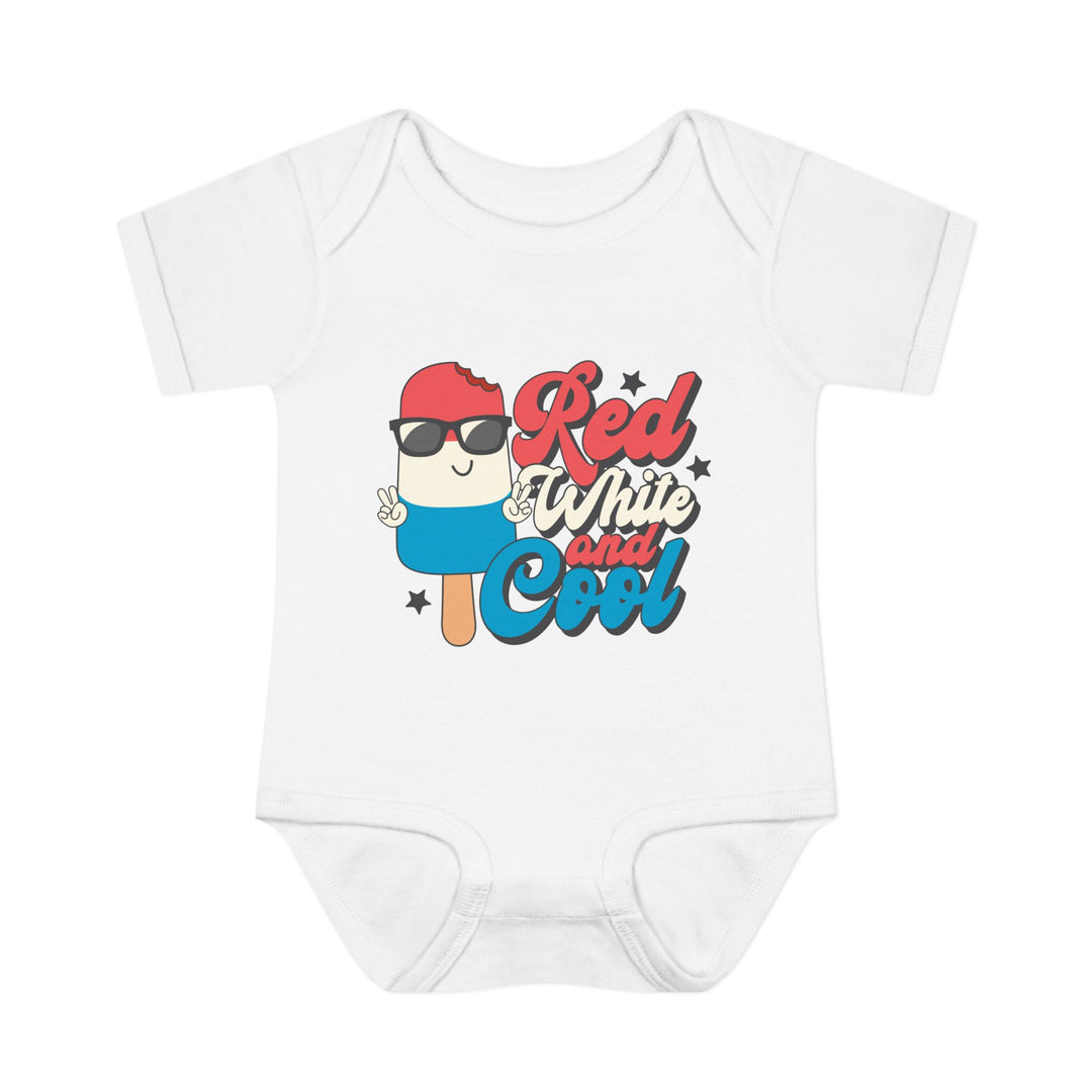 Infant Red White and Cool bodysuit, featuring soft, 100% ring-spun cotton, lap shoulders for easy dressing. Unisex fit, perfect for comfort and style.