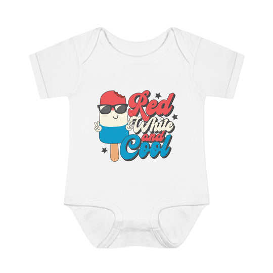 Infant Red White and Cool bodysuit, featuring soft, 100% ring-spun cotton, lap shoulders for easy dressing. Unisex fit, perfect for comfort and style.