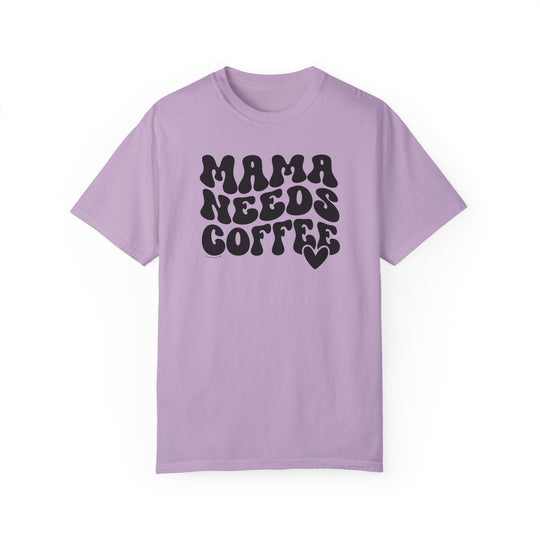 Relaxed fit Mama Needs Coffee Tee, garment-dyed with ring-spun cotton for coziness. Double-needle stitching for durability, no side-seams for shape retention. Ideal daily choice.