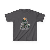 Charcoal-gray Be the Light Kids Tee featuring a festive Christmas tree graphic with Matthew 5:14, designed for comfort and durability.