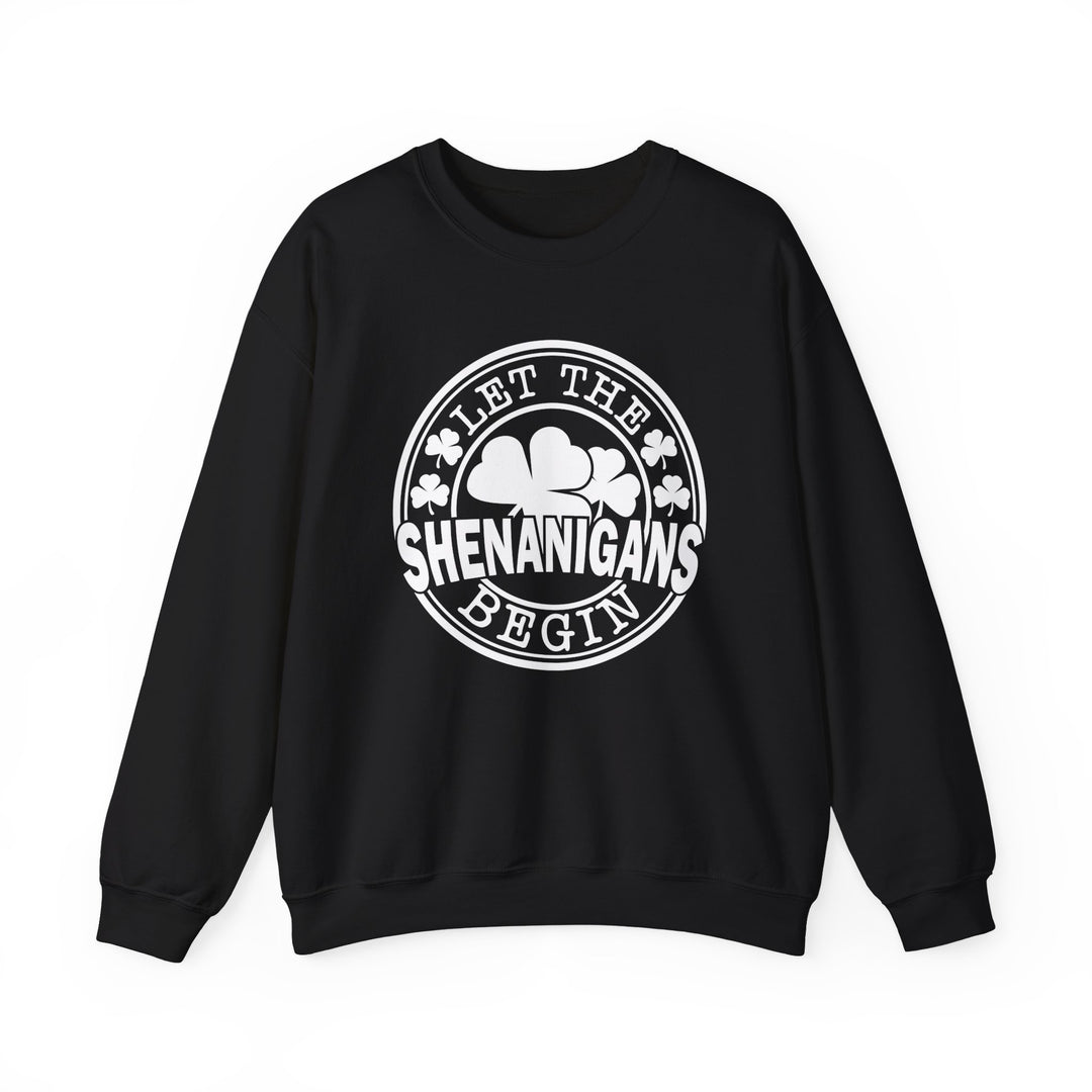 Let the Shenanigans Begin Day Crew sweatshirt with white text, featuring a black and white logo, crafted for comfort with a polyester-cotton blend.