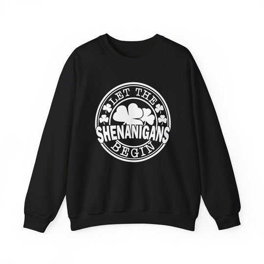 Let the Shenanigans Begin Day Crew sweatshirt with white text, featuring a black and white logo, crafted for comfort with a polyester-cotton blend.