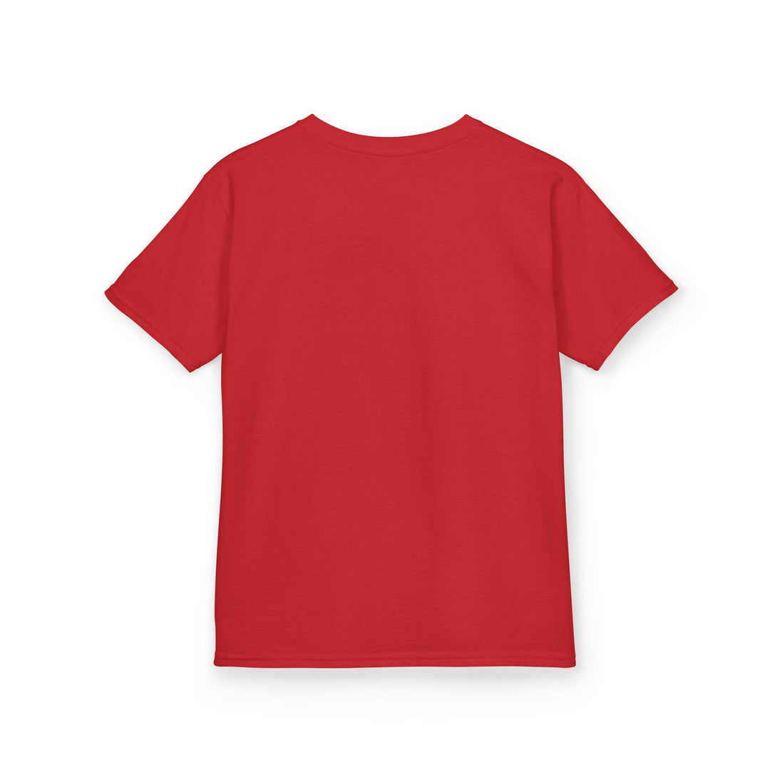 Back view of the plain red Spider Ball Christmas Kids Tee, featuring a crew neckline and straight hem, designed for everyday wear with a durable cotton fabric.