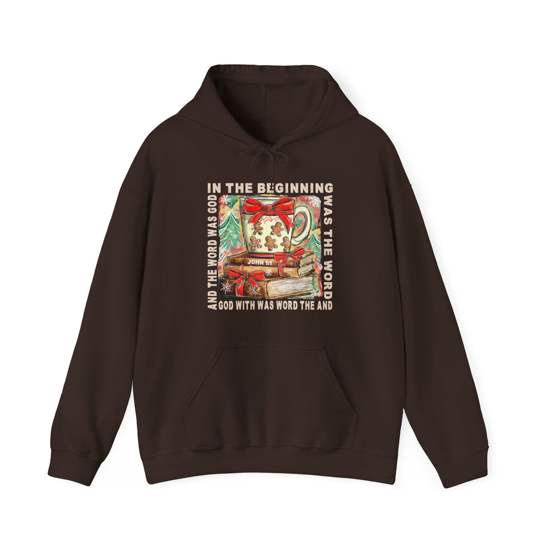 In the Beginning Hoodie featuring a festive mug, books, and John 1:1 verse, crafted for warmth and style with a spacious front pocket.