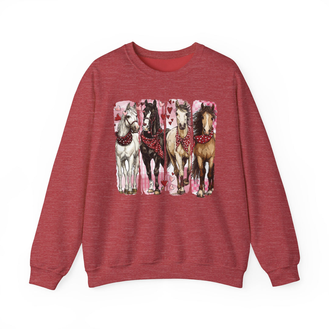 Horse Valentine Crew sweatshirt featuring four bandana-wearing horses on pink heart panels; a playful, comfortable design from Faith Family Designs.