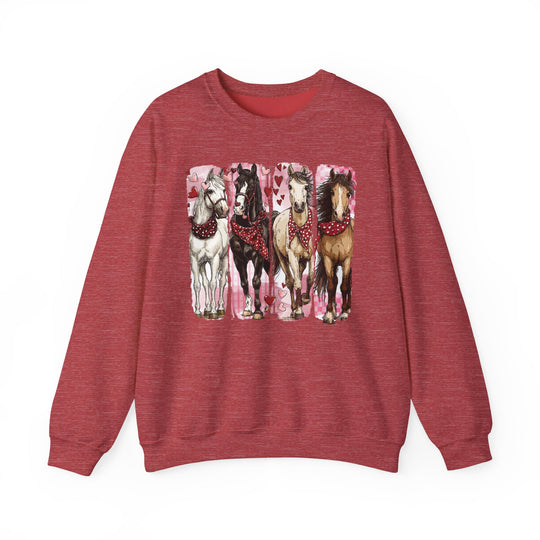 Horse Valentine Crew sweatshirt featuring four bandana-wearing horses on pink heart panels; a playful, comfortable design from Faith Family Designs.