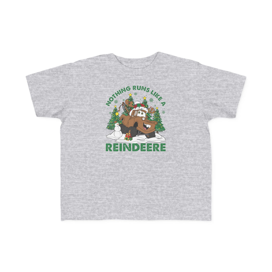 Reindeere Toddler Tee features a cartoon reindeer-themed pickup truck with festive elements, perfect for toddlers' sensitive skin and first adventures, made from soft, high-quality cotton.