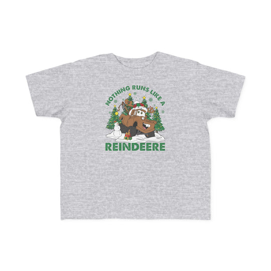 Reindeere Toddler Tee features a cartoon reindeer-themed pickup truck with festive elements, perfect for toddlers' sensitive skin and first adventures, made from soft, high-quality cotton.