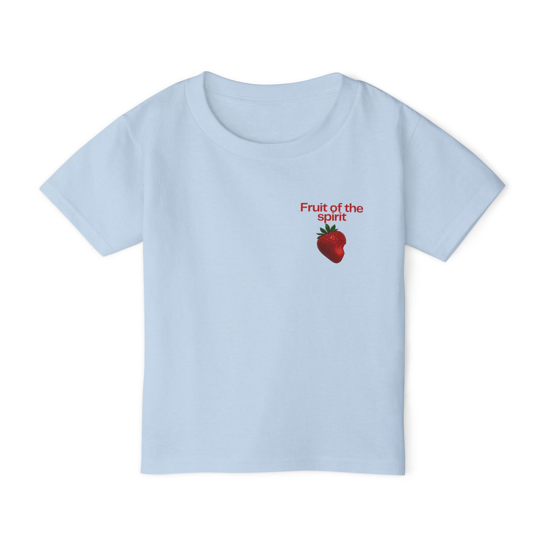 Fruit of the Spirit Toddler Tee featuring a light-blue short-sleeve design with a red strawberry graphic and text, emphasizing style and comfort with eco-friendly cotton.
