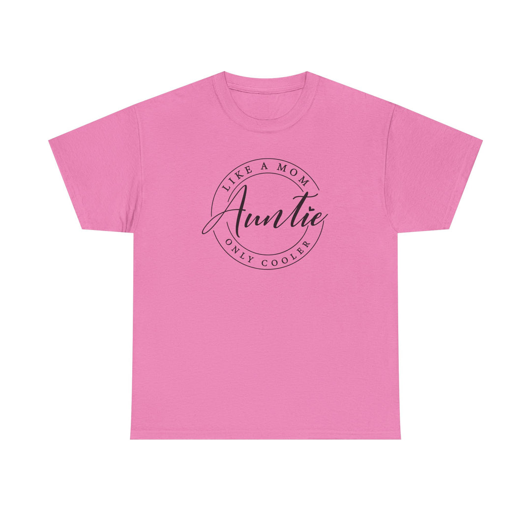 Auntie Tee: Unisex heavy cotton t-shirt with black text, showcasing a classic fit and smooth surface for vivid printing, ideal for casual fashion.