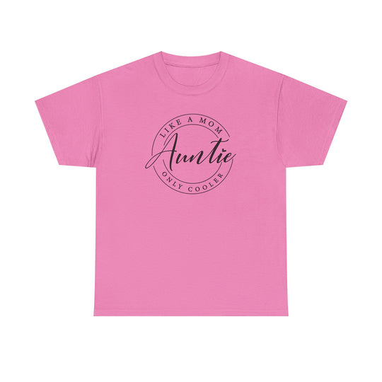 Auntie Tee: Unisex heavy cotton t-shirt with black text, showcasing a classic fit and smooth surface for vivid printing, ideal for casual fashion.
