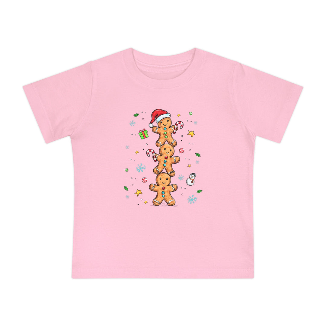 Gingerbread Stack Baby Tee displays smiling gingerbread-men with festive accessories, surrounded by holiday motifs. Ideal for baby's first stylish steps in comfort.