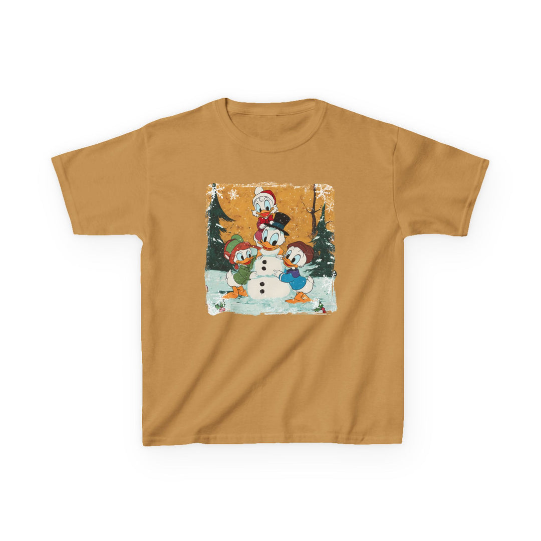 Duck Snowmen Kids Tee features Scrooge and Donald Duck in a festive snowy scene, perfect for everyday wear with its durable, soft cotton fabric.