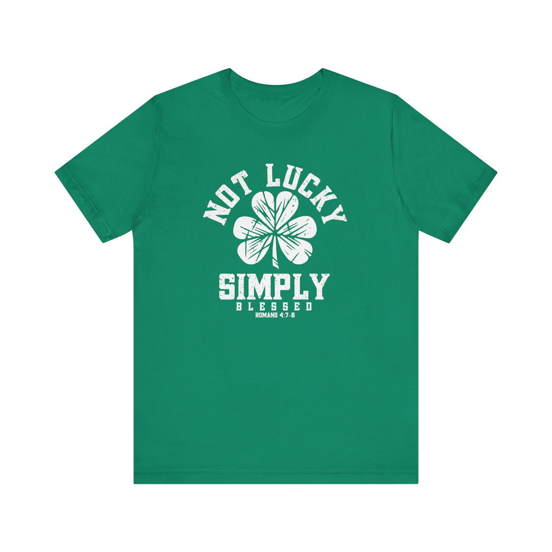 Not Lucky Tee featuring a four-leaf clover design on a green short-sleeve shirt, made of soft cotton with ribbed knit collars for comfort.