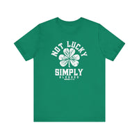 Not Lucky Tee featuring a four-leaf clover design on a green short-sleeve shirt, made of soft cotton with ribbed knit collars for comfort.