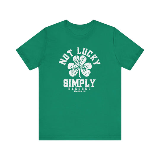 Not Lucky Tee featuring a four-leaf clover design on a green short-sleeve shirt, made of soft cotton with ribbed knit collars for comfort.