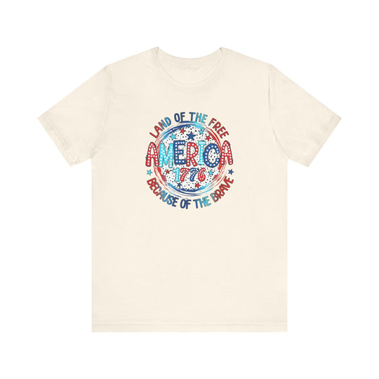 America 1776 Tee: Classic white unisex jersey t-shirt with red and blue text. 100% Airlume combed cotton, retail fit, tear away label. Soft, quality fabric for a comfortable fit. Worlds Worst Tees.