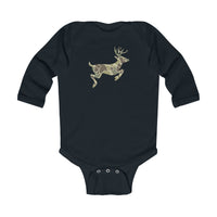 Camo Deer Long Sleeve Onesie featuring a leaping deer silhouette in camouflage pattern on chest, with snap-button closures and ribbed knitting for durability.