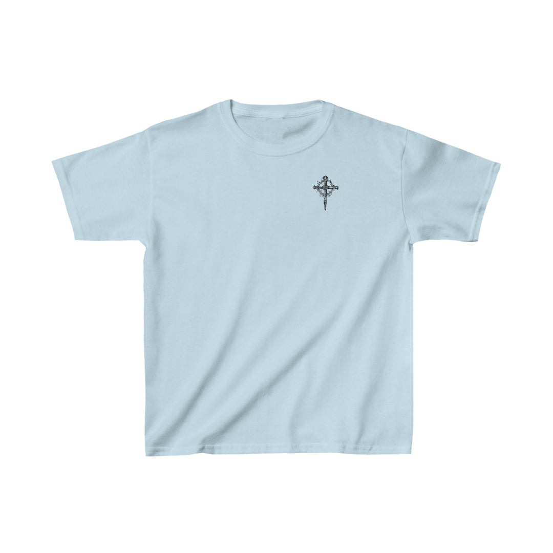Child of God Kids Tee, light blue t-shirt with a cross. 100% cotton, 5.3 oz/yd², classic fit, durable twill tape shoulders, curl-resistant collar, seamless sides. Sizes: XS to XL.