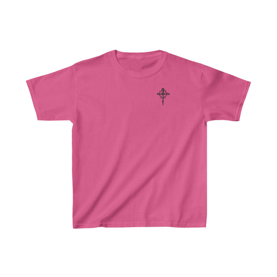 Child of God Kids Tee: Pink shirt with a cross design. 100% cotton, light fabric, classic fit. Ideal for everyday wear. Sizes: XS, S, M, L, XL. No side seams, twill tape shoulders, ribbed collar.