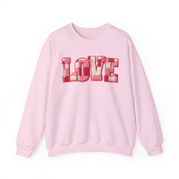 Light-pink Love Crew sweatshirt with chenille-style letters, showcasing a comfortable, unisex fit and ribbed knit collar for durability.