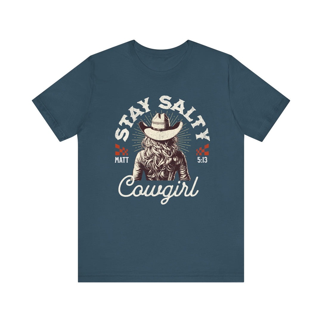 Stay Salty Tee featuring a cowboy hat graphic and cowgirl illustration on a classic blue unisex jersey short sleeve t-shirt.