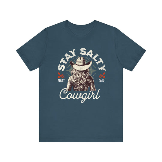 Stay Salty Tee featuring a cowboy hat graphic and cowgirl illustration on a classic blue unisex jersey short sleeve t-shirt.