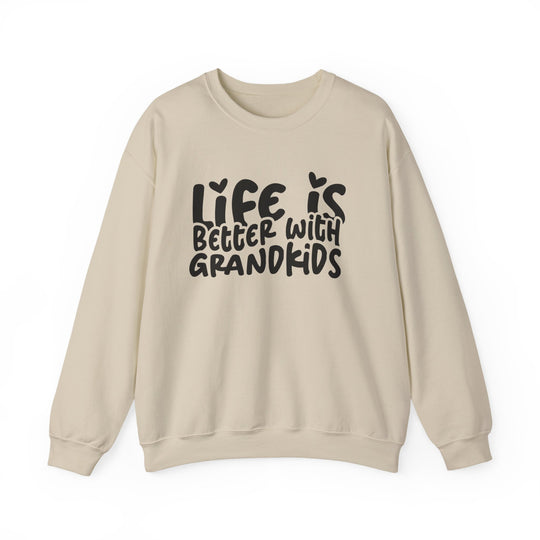 Light-beige crewneck sweatshirt with Life is better with grandkids in bold black lettering and heart accents, offering comfort with a polyester-cotton blend and ribbed collar.