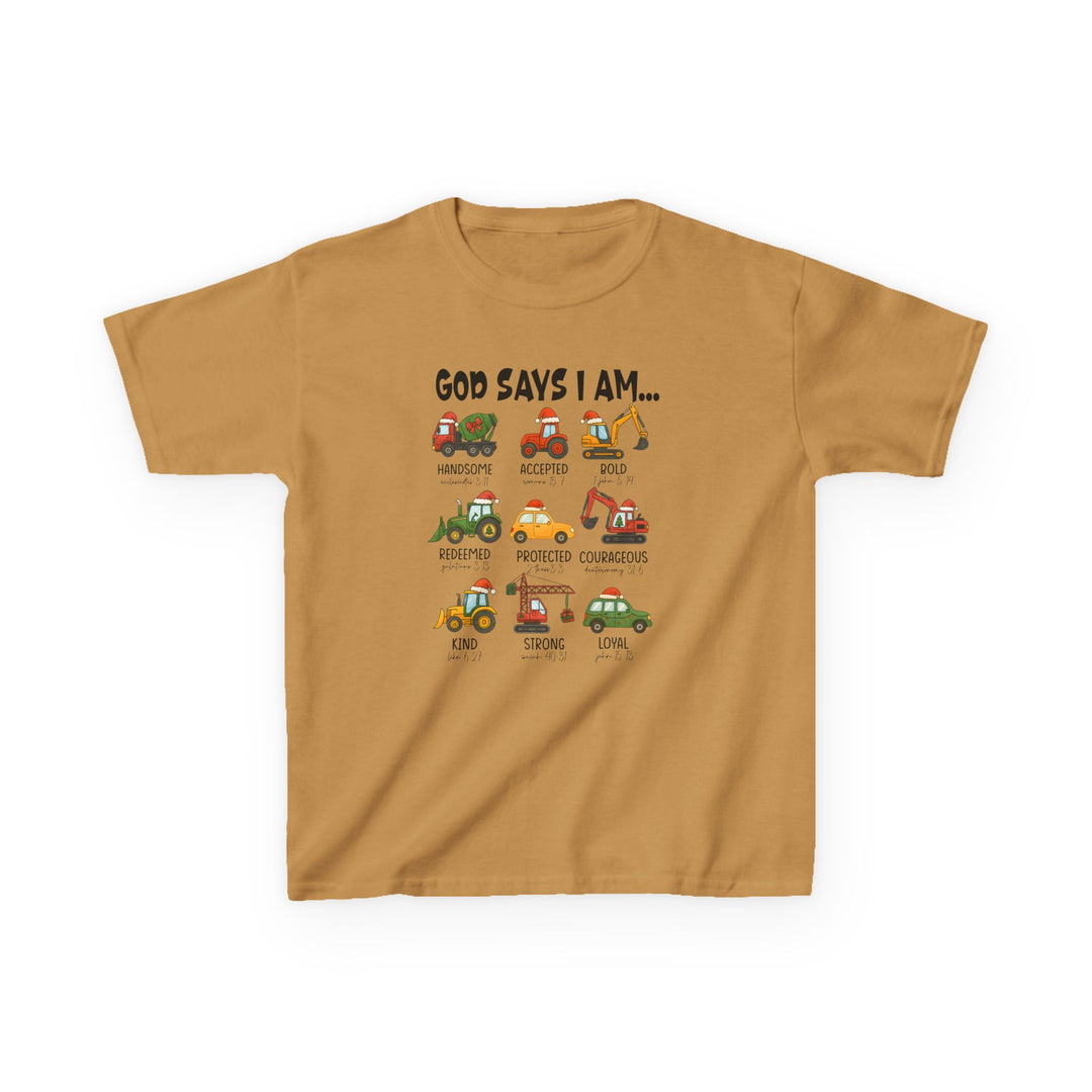 Mustard-colored kids tee with Christmas-themed God Says I Am… design featuring cartoon vehicles in Santa hats, each with affirmations and Bible verse references.