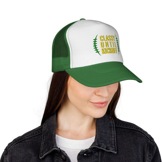 Woman wearing Copy of Trucker Caps with football-themed front design, adjustable fit, styled with black denim jacket; showcased by Faith Family Designs.