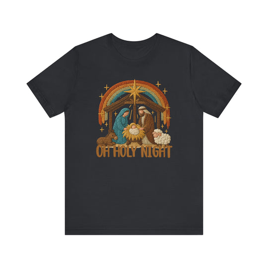 Oh Holy Night Tee featuring a stylized nativity scene with baby Jesus, Mary, Joseph, and animals under a star-topped stable, perfect for holiday wear.