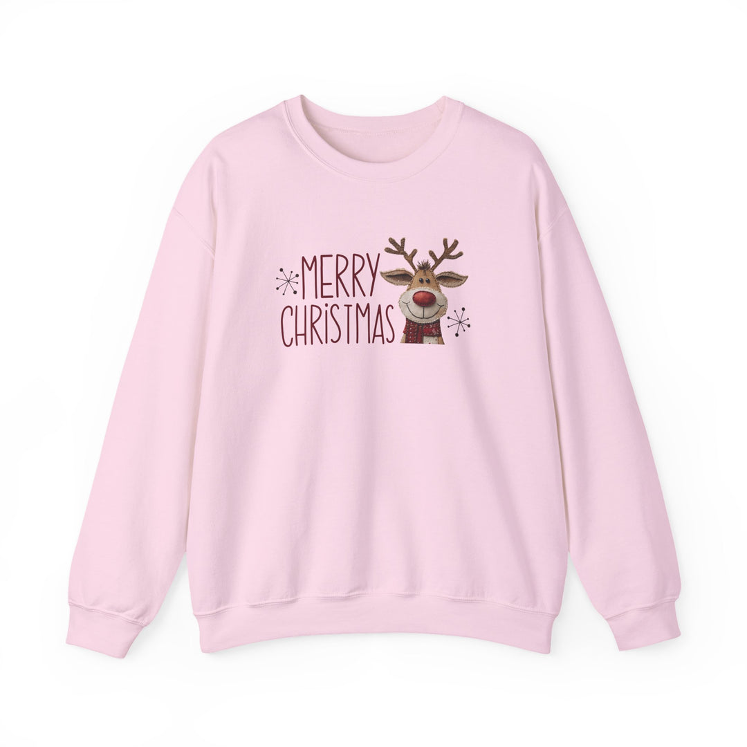 Merry Christmas Reindeer Crew sweatshirt featuring a smiling cartoon reindeer with a scarf and snowflakes, offering cozy comfort with a durable, ethically-made polyester-cotton blend.