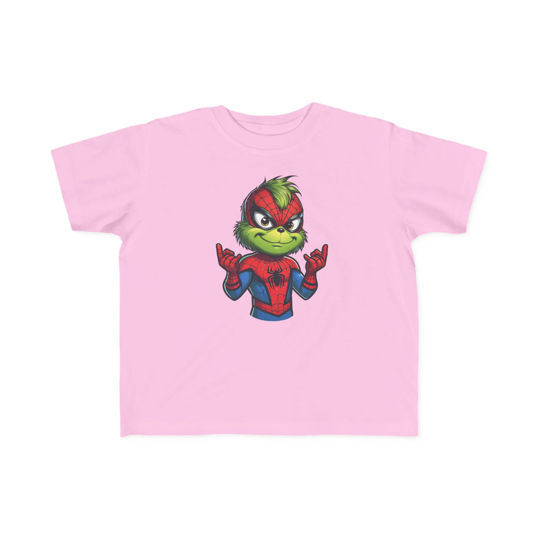 Light-pink toddler tee featuring a cartoon mash-up of the Grinch and Spider-Man, ideal for sensitive skin with durable print.