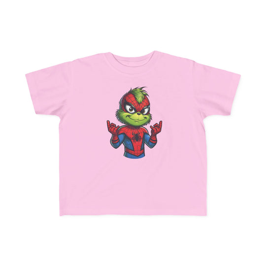 Light-pink toddler tee featuring a cartoon mash-up of the Grinch and Spider-Man, ideal for sensitive skin with durable print.