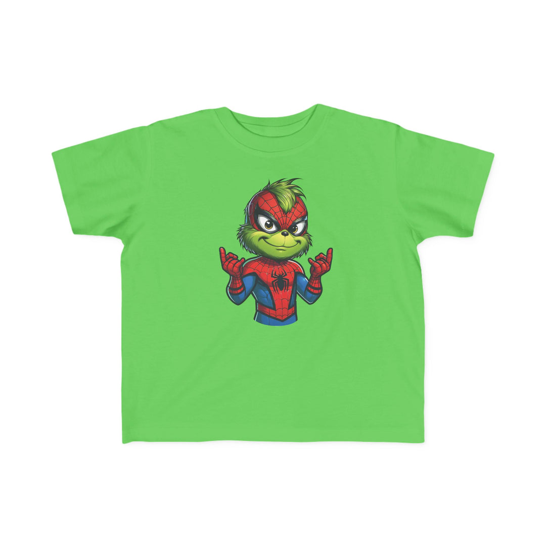 Christmas Spider Toddler Tee featuring a Grinch-Spider-Man mash-up design, perfect for toddlers with its soft cotton fabric and classic fit.