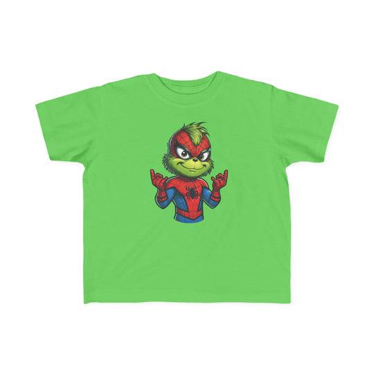 Christmas Spider Toddler Tee featuring a Grinch-Spider-Man mash-up design, perfect for toddlers with its soft cotton fabric and classic fit.