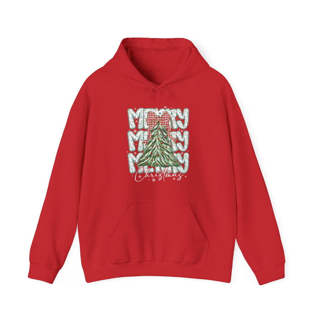 Red hoodie with a Christmas tree print and MERRY Christmas text, featuring a kangaroo pocket and color-matched drawstring, offering a cozy and festive style.