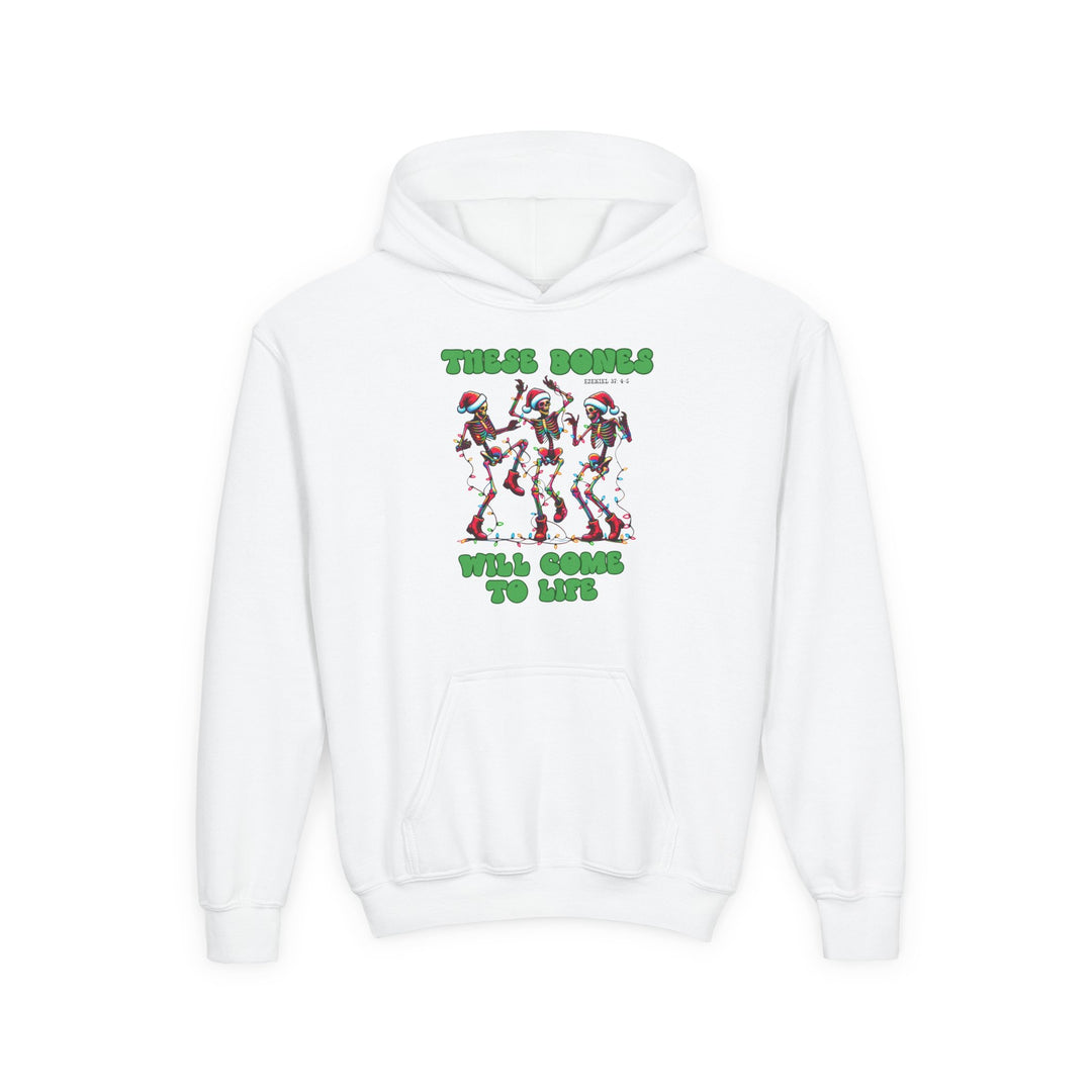 Bones Come to Life Youth Hoodie featuring dancing skeletons with Santa hats and lights, Ezekiel 37:4-5 reference, ultra-soft fleece, and kangaroo pocket.