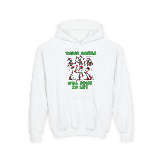Bones Come to Life Youth Hoodie featuring dancing skeletons with Santa hats and lights, Ezekiel 37:4-5 reference, ultra-soft fleece, and kangaroo pocket.