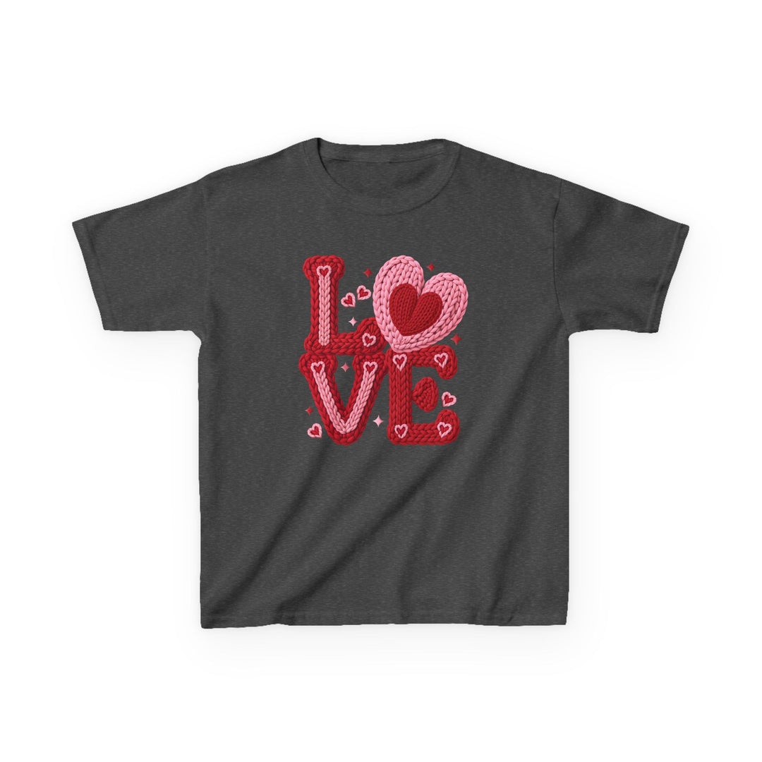 Love Heart Kids Tee: A dark-heather gray T-shirt featuring LOVE in red and pink yarn textures, with a heart-shaped O and scattered small hearts for a Valentine’s feel.